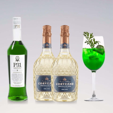 P31 Green Spritz cocktail kit with P31 Green Aperitivo, Corvezzo Organic Prosecco bottles, and an Italian-style spritz glass.