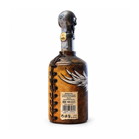 Back view of Padre Azul Anejo Tequila 700ml bottle, showcasing unique design and packaging.