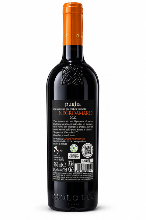 Paolo Leo Orfeo Negroamaro Puglia IGP 2022, back label on white