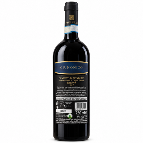 PaoloLeo Giunonico Primitivo di Manduria Riserva 2017 back on white