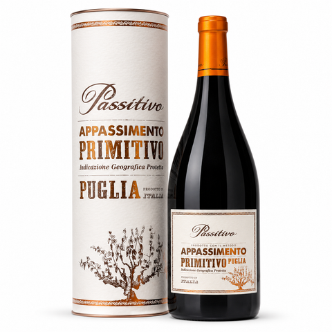 Passitivo Appassimento Primitivo Puglia IGP Magnum 1.5L with gift tube showcasing Italian luxury red wine.