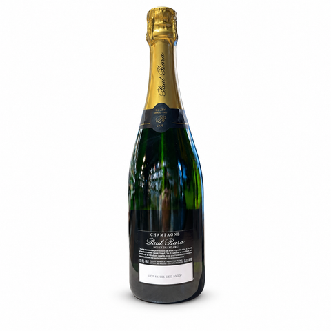 Paul Bara Brut Réserve Grand Cru Champagne bottle back label on white background