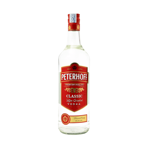 Peterhoff Classic Vodka 1000 ml bottle, premium Russian vodka with 40% alcohol, known for smooth taste and triple distillation.