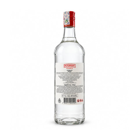 Peterhoff Classic Vodka 1L 40% Moldova, rear bottle and label on a white background