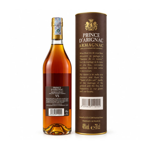 Prince dArignac VS Armagnac bottle and brown gift tube, 700ml 40% ABV, French brandy with gold VS lettering.
