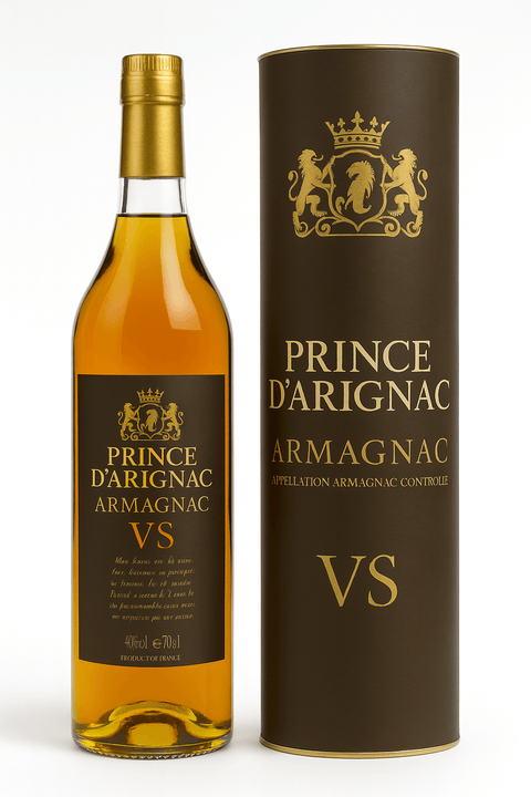 Prince d'Arignac Armagnac VS 700ml bottle with packaging, French brandy aged in oak, featuring dried fruit and soft spices.