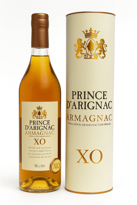 Prince d'Arignac Armagnac XO bottle and packaging, 700ml, 40% ABV, French brandy with dried fruit, vanilla, and spice notes.