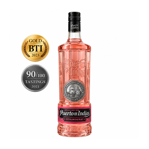 Puerto de Indias Strawberry Gin 1L 37.5%, front bottle, BTI Gold Medal and 90/100 (2023)