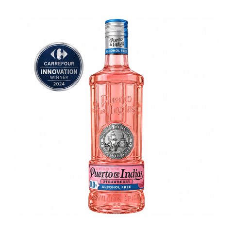 Puerto de Indias Strawberry Alcohol Free 0.0%, 700 ml pink bottle, front with Carrefour Innovation Award 2024