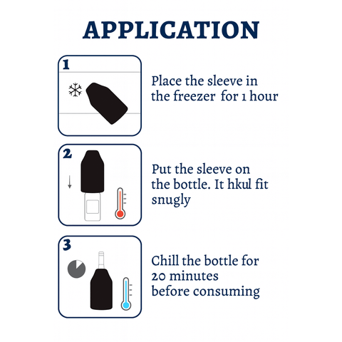 Instructions for using the Cooler reusable bottle chilling sleeve, detailing freezing and chilling steps for optimal drink temperature.