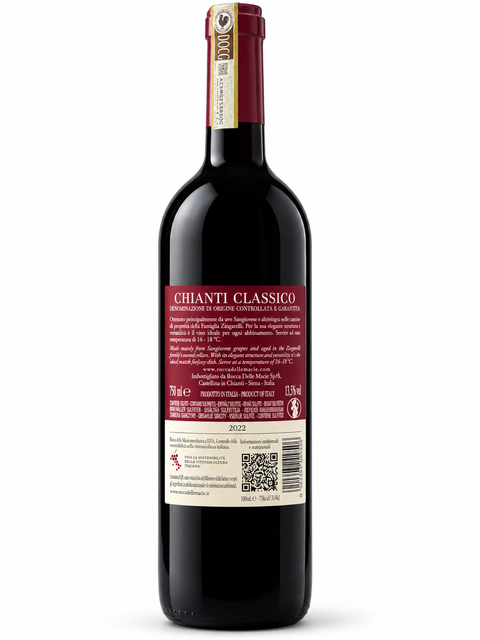 Back label of Rocca delle Macie Chianti Classico 2022 Sangiovese dry red wine bottle with detailed wine information