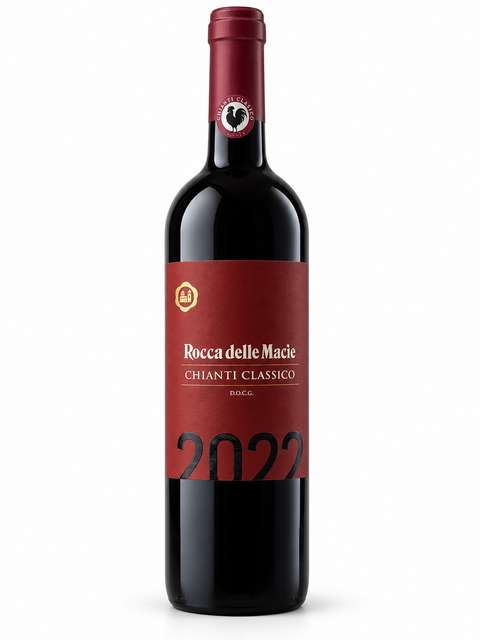 Bottle of Rocca delle Macie Chianti Classico 2022 Sangiovese dry red wine, 13.5% alcohol, with ruby color and berry aroma