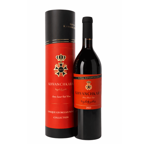 Royal Khvanchkara Khvanchkara Red Semi-Sweet 750ml bottle and packaging, 2023 vintage from Georgia's Racha region.