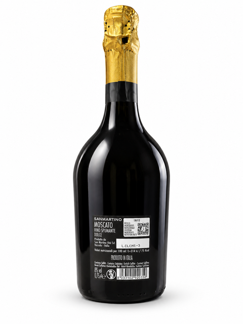 San Martino Moscato Spumante Dolce back bottle on white background; original label photo follows
