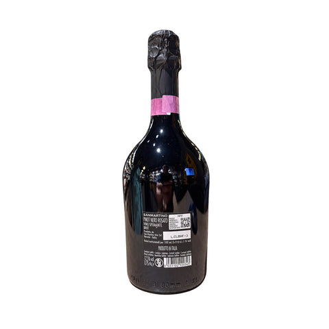 Back view of San Martino Pinot Nero Rosato Brut sparkling wine bottle 750ml 12.5% alcohol, Italian rosé wine with black foil.