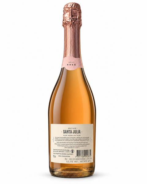 Santa Julia Brut Rose Sparkling Wine 750ml bottle from Mendoza, Argentina featuring elegant pink hue and red-fruit aroma.