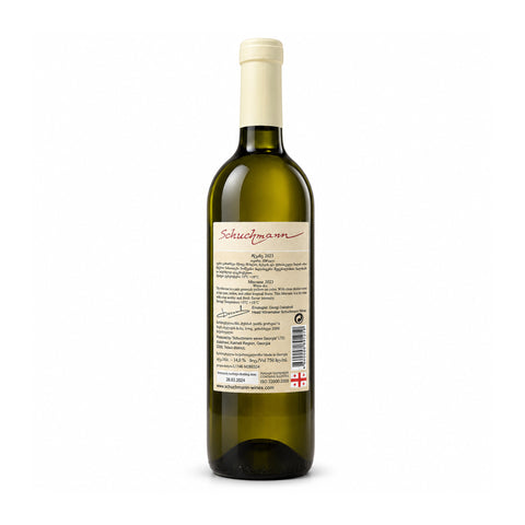 Schuchmann Mtsvane 2023 dry white wine, 750ml, 14%, back label / შუხმანის მწვანე 2023, თეთრი მშრალი ღვინო, უკანა ეტიკეტი