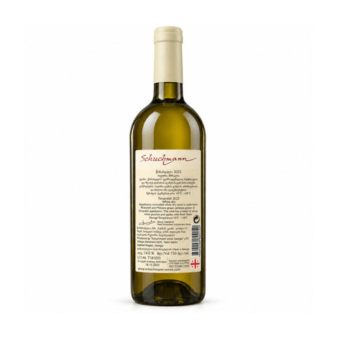 Schuchmann Tsinandali 2022 dry white wine, 750 ml, 14%, back view / შუხმანის წინანდალი 2022, თეთრი მშრალი ღვინო, უკანა მხარე