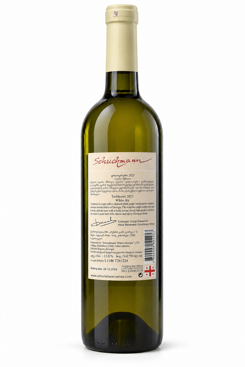 Schuchmann Tsolikouri 2023 Dry White wine 750ml bottle from Georgia, showcasing the label and packaging of this fruity wine.