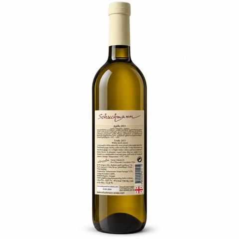 Back label of Schuchmann Tvishi Tsolikouri 2023 Semi Sweet White Wine 750ml bottle showing wine details and vineyard origin.
