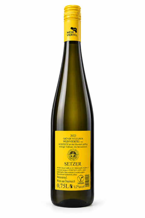 Setzer Ausstich Gruner Veltliner 2023 Dry White 750ml bottle from Austria, 12% alcohol, vegan-friendly.