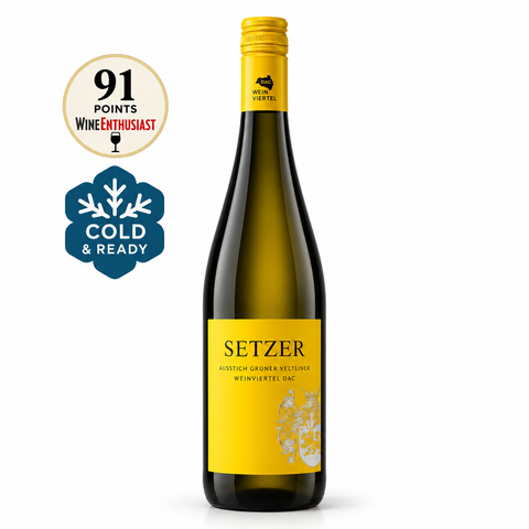 Setzer Ausstich Gruner Veltliner 2023 Dry White 750ml bottle with wine awards and cold ready label.