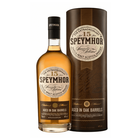 Bottle of Speymhor 15 Year Old Single Malt Scotch Whisky 700ml 40% with packaging, aged in oak barrels for refined taste.