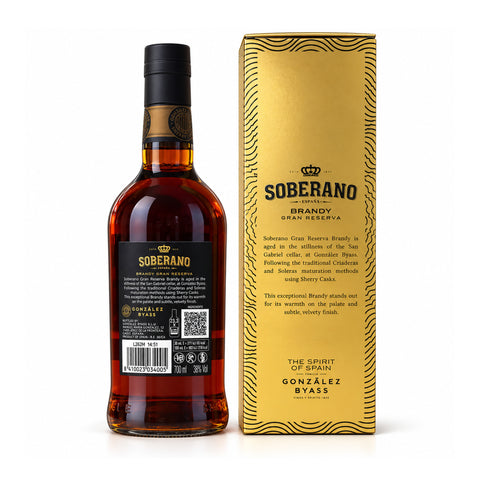 Soberano 12 Gran Reserva Brandy 700ml 38% rear label and gift box, barcode 8410023034005 | სობერანო 12 ბრენდი, უკანა ეტიკეტი და ყუთი