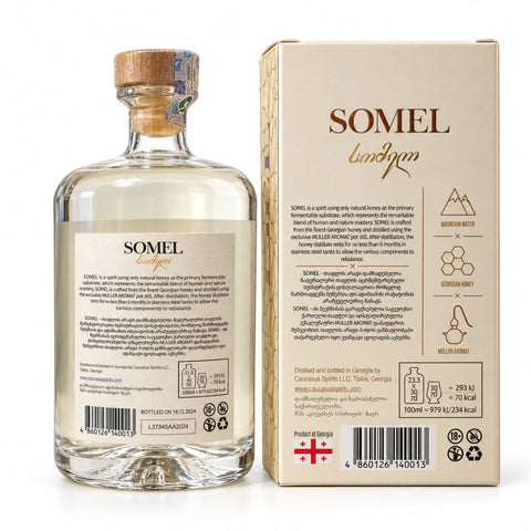 Somel Honey Vodka Spirit 700ml bottle and gift box showcasing Georgian honey vodka with 42% ABV.