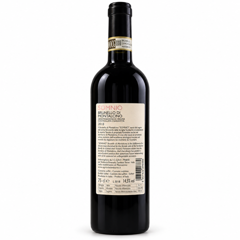 Somnio Brunello Sangiovese 2018 Dry Red Wine 750ml bottle with label visible, Italian wine, 14.5% alcohol, Tuscany origin.