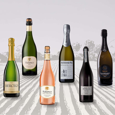 Assorted sparkling wines from around the world, featuring Cava, Prosecco, and Brut, ideal for gatherings with friends.