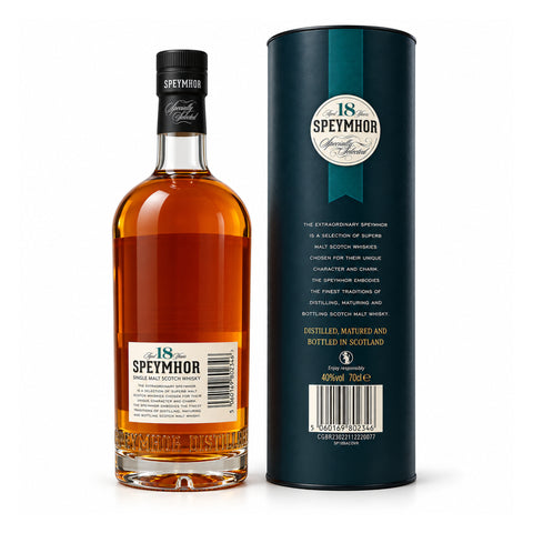 Speymhor 18 Year Old Single Malt Scotch Whisky 700ml 40% bottle and gift tube - back