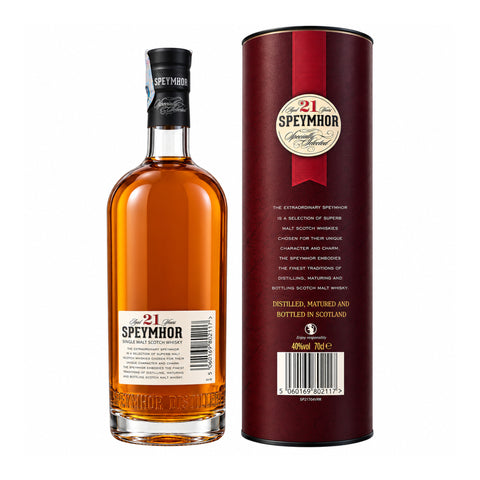 Speymhor 21 Year Old Single Malt Scotch Whisky 700ml 40%, bottle and gift tube back
