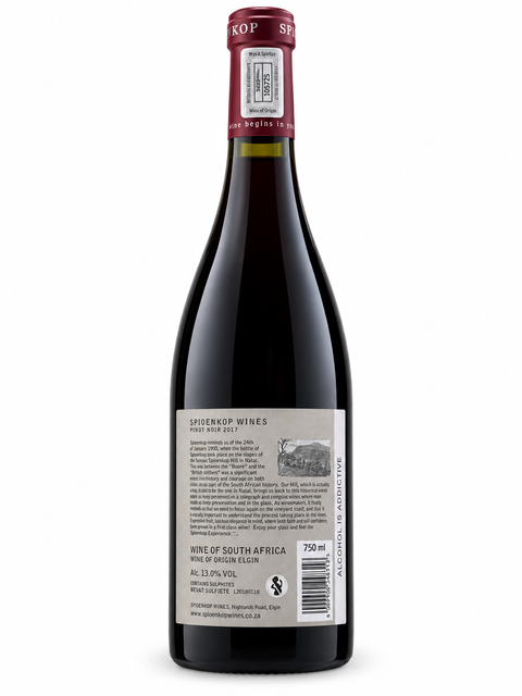 Spioenkop 1900 M Ghandi Pinot Noir 2017 Dry Red wine 750ml bottle with label, showcasing its distinctive South African origin.