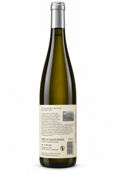 Spioenkop Elgin Riesling 2019 dry white wine 750ml 13% – back label on white background