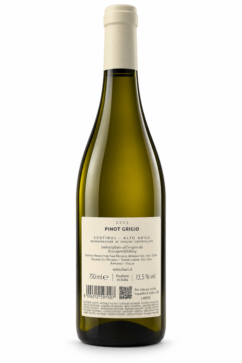 St Michael Eppan Pinot Grigio 2023 Dry White Wine bottle, 750ml, 13.5% alcohol, back label view, Italy.