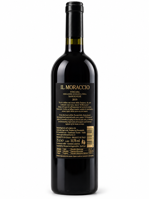 Tamburini Il Moraccio Sangiovese Dry Red Wine 2019 750ml bottle, Tuscany Italy, 14.5% alcohol, Toscana IGT label.