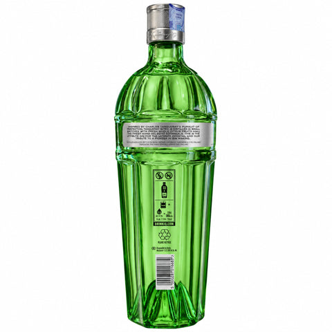 Back view of Tanqueray No Ten London Dry Gin 1L bottle with green glass design featuring product details.