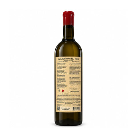 Back label view of Tchotiashvili Muskaturi Kisi SB 2022 Dry Amber Wine bottle, 750ml, 13% alcohol.