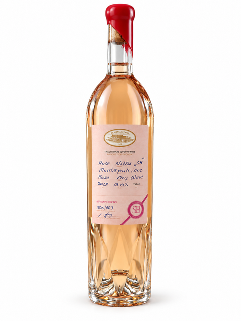 Bottle of Tchotiashvili Nitsa SB Montepulciano Rose 2019, a dry Georgian rosé, 750ml, 13% alcohol, with distinct label and cork finish.