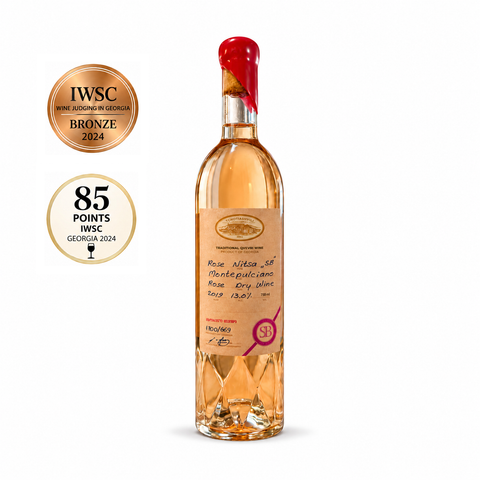 Tchotiashvili Nitsa SB Montepulciano dry rosé wine 2019, 750ml 13%, IWSC Bronze 85/100, front — ჭოტიაშვილის ნიცა SB 2019, წინა ეტიკეტი, ბრინჯაო 85/100