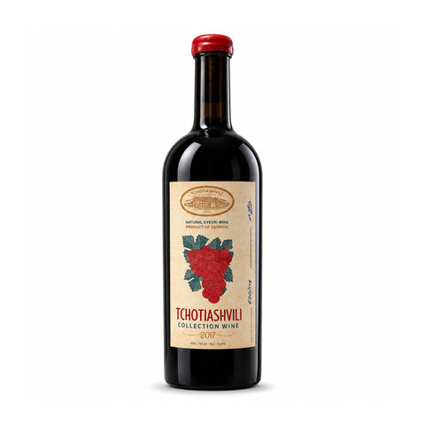 Tchotiashvili Saperavi Shiraz 2017 dry red wine bottle from Georgia, 750ml, 13% ABV, traditional qvevri method.