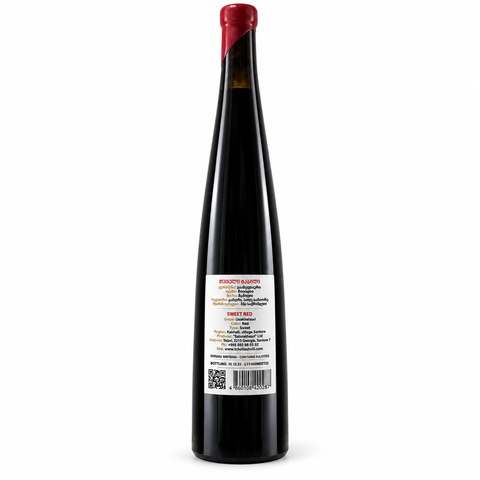Back view of Tchotiashvili Usakhelauri Sweet Red Wine 500ml bottle with label details.