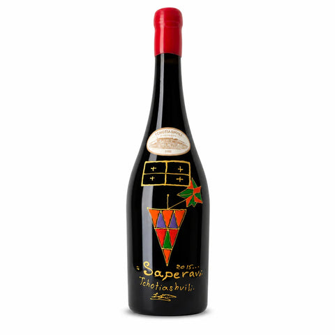 Tchotiashvili Saperavi 2015 wine bottle from Kakheti, Georgia, featuring Saperavi grape variety.