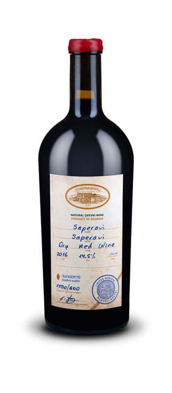 Tchotiashvili Saperavi Red Wine 750ml bottle, Georgia 2017 vintage, pomegranate color, dry, made in Qvevri, aged in oak barrels.
