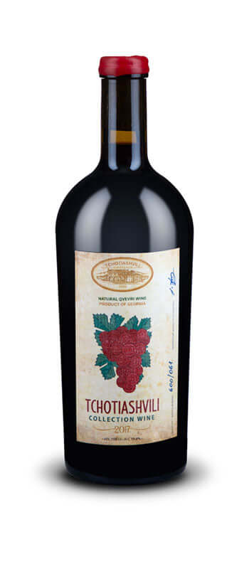 Tchotiashvili Saperavi Shiraz Red Wine 750ml bottle from Kakheti, Georgia, 13% ABV, 2017 vintage with red grape label.