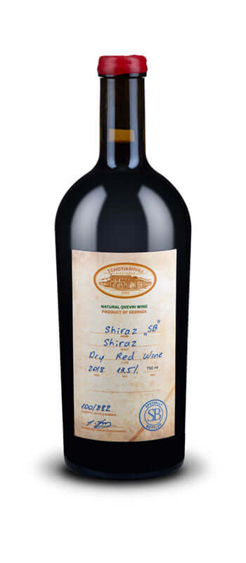 Tchotiashvili Shiraz Red Wine 750ml bottle, 13% alcohol, 2018 vintage from Kakheti, Georgia. Dry red wine in Qvevri.