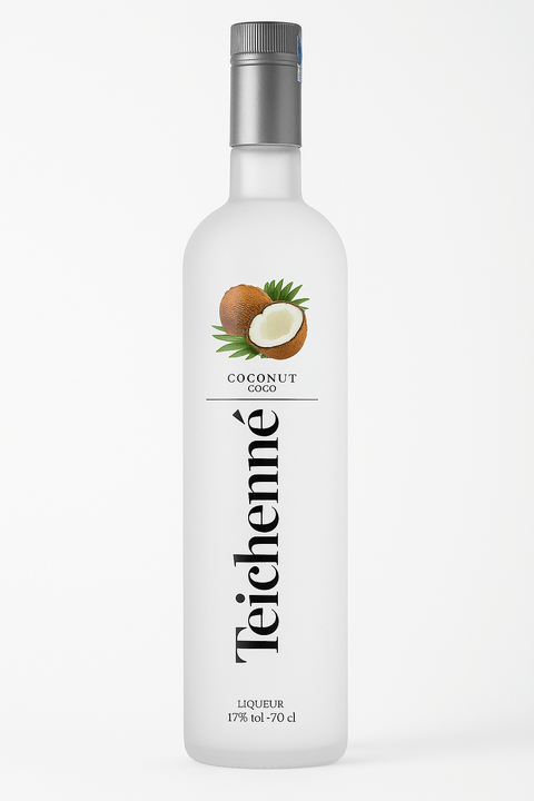 Teichenné Coconut Liqueur 700ml bottle, 17% ABV, featuring coconut imagery, frosted glass design, made in Spain.