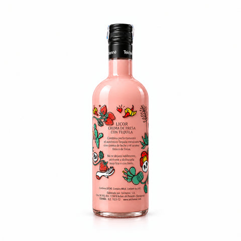 Kilda Strawberry — მარწყვის კრემ-ლიქიორი ტეკილათი, 700 მლ, 17%; ბოთლის უკანა ხედი ესპანური ეტიკეტითა და რძის ალერგენის მითითებით.
