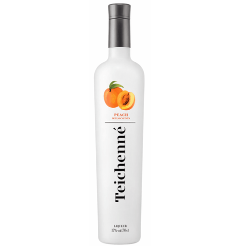Bottle of Teichenne Peach Liqueur 700ml with a label featuring peaches, 17% alcohol, perfect for cocktails and desserts.